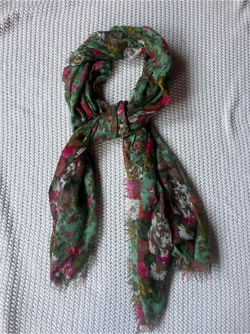 Floral Lightweight Green Scarf with Pink & White Accents Spring Raw Hem 41โx19โ